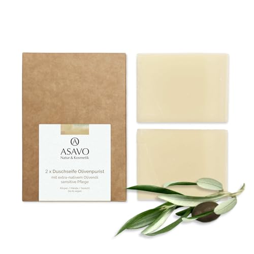 ASAVO Premium Olivenölseife, handgemachte BIO Seife mit extra-nativem Olivenöl, 100% Naturseife, Olivenseife ohne Parfümzusatz, vegan, 2x95g