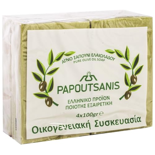 Grüne reine Olivenölseife Griechisch traditionell 'Papoutsanis' - Packung mit 4 x 100g