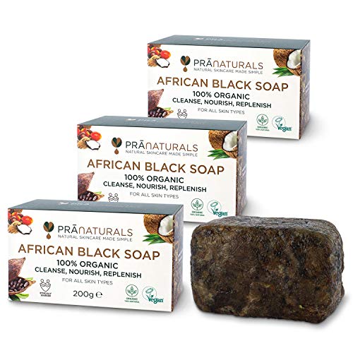 PraNaturals Organisch Afrikanische Schwarze Seife 3x 200g, Vegan Kosmetik, Für Alle Hauttypen, Handgefertigt Im Tropischen Ghana