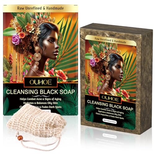 African Black Soap, 100g Organisch Afrikanische Schwarze Seife, Schwarze Seife mit 1 Schaumnetz, Gleicht Fettige Haut aus, Akne Bekämpfen & Anti-Ageing, für Alle Hauttypen - Gesicht, Körper, Haare