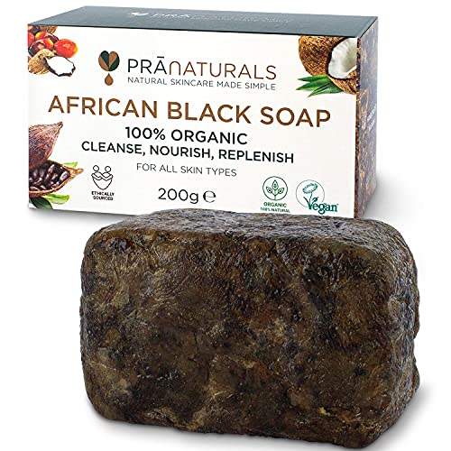 PraNaturals Organisch Afrikanische Schwarze Seife 200g, Vegan Kosmetik, Für Alle Hauttypen, Handgefertigt Im Tropischen Ghana