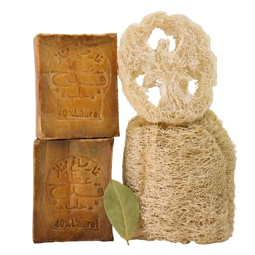 Kanaan Aleppo Seife Original 2 * 200g mit Luffa – 40 Lorbeeröl & 60 Olivenöl Naturseife, Männer Haarseife & Duschseife, Antibakterielle Grüne Seife, Biologisch Abbaubare Bio Olivenseife
